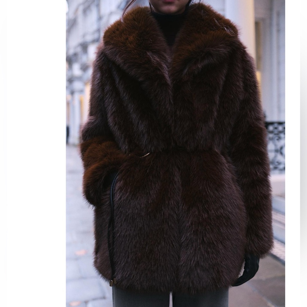 Zara woman's brown faux fur coat with belt size xs